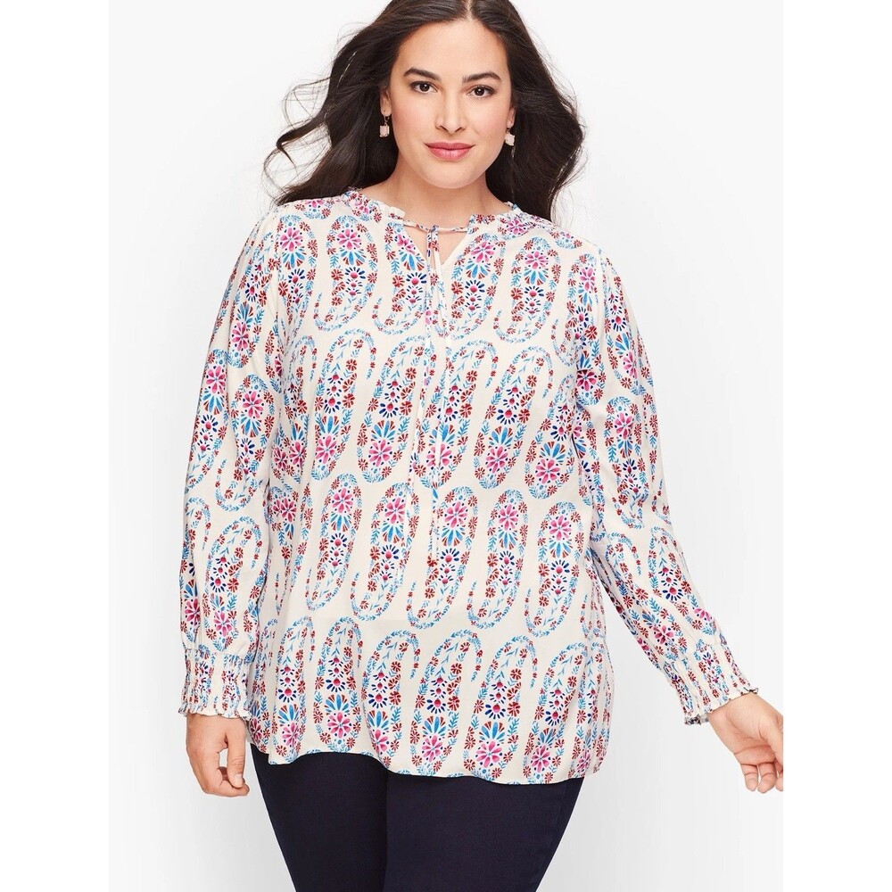 Talbots Tie Neck Smocked Top Dotted Paisley Long Sleeve Size 3X Red White Blue